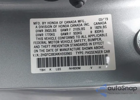 2019 Honda Civic Lx from USA, damaged, VIN 2HGFC4B67KH303626